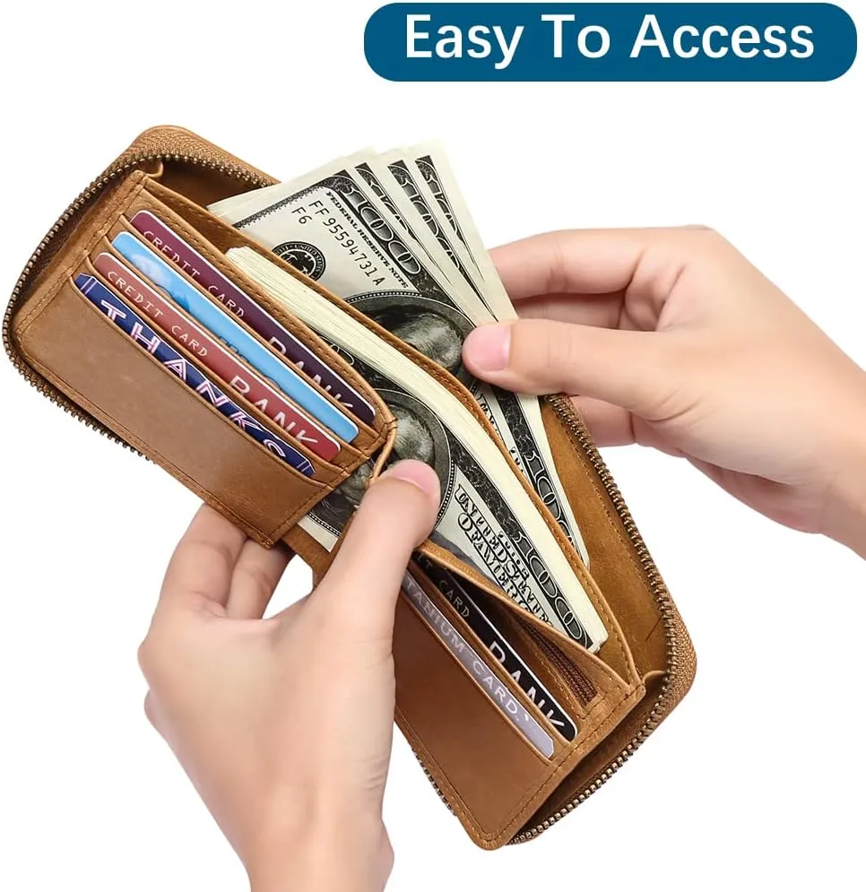 GOIACII Wallets for Men Genuine Leather Front Pocket Wallet RFID Zip Around Bifold Credit Card Holder