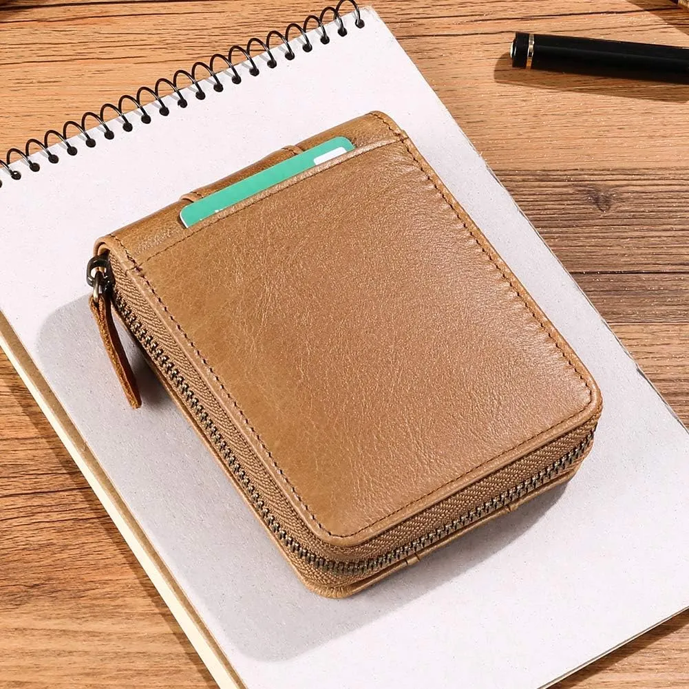 GOIACII Wallets for Men Genuine Leather Front Pocket Wallet RFID Zip Around Bifold Credit Card Holder
