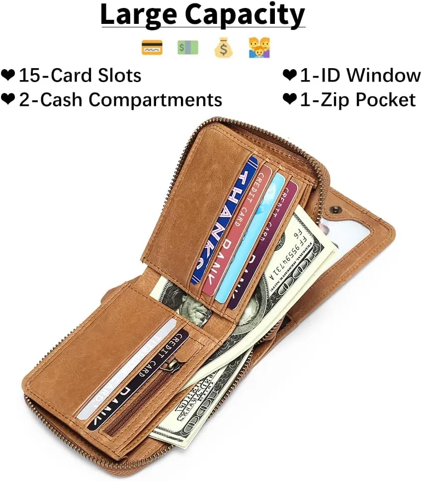 GOIACII Wallets for Men Genuine Leather Front Pocket Wallet RFID Zip Around Bifold Credit Card Holder