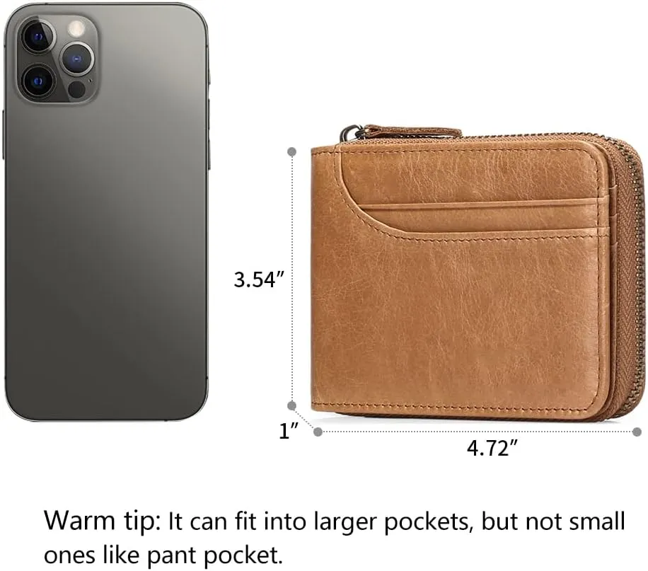 GOIACII Wallets for Men Genuine Leather Front Pocket Wallet RFID Zip Around Bifold Credit Card Holder