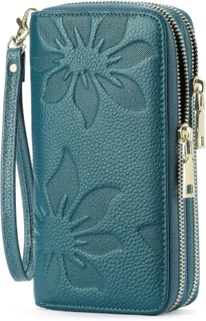 GOIACII Women's Wallet Large Capacity Double Zip Ladies Card Phone Holder RFID Blocking Wristlet Leather