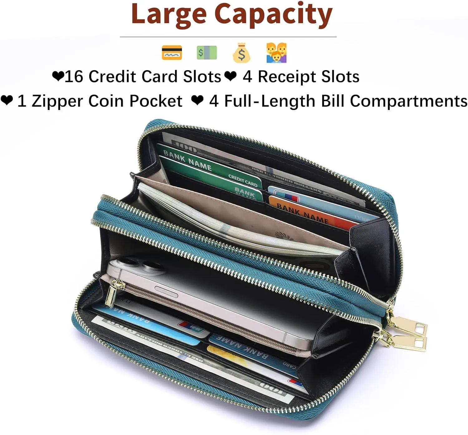GOIACII Women's Wallet Large Capacity Double Zip Ladies Card Phone Holder RFID Blocking Wristlet Leather