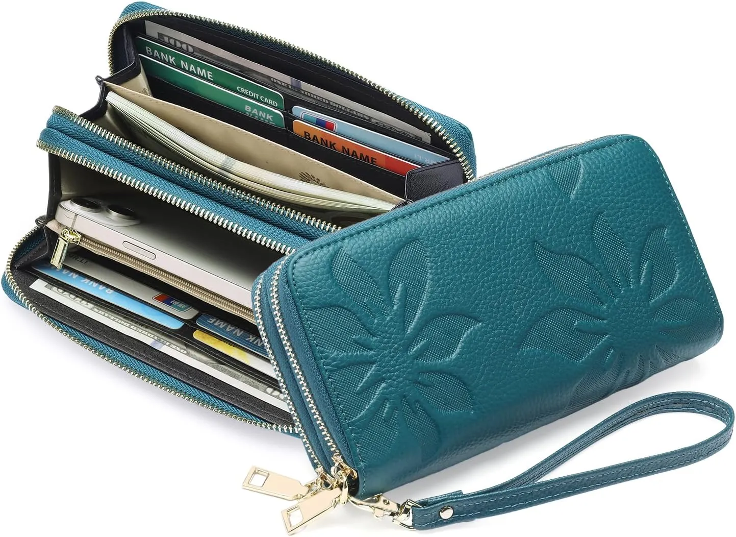 GOIACII Women's Wallet Large Capacity Double Zip Ladies Card Phone Holder RFID Blocking Wristlet Leather