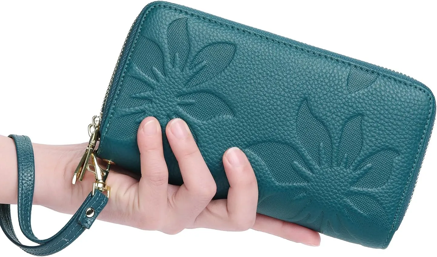 GOIACII Women's Wallet Large Capacity Double Zip Ladies Card Phone Holder RFID Blocking Wristlet Leather