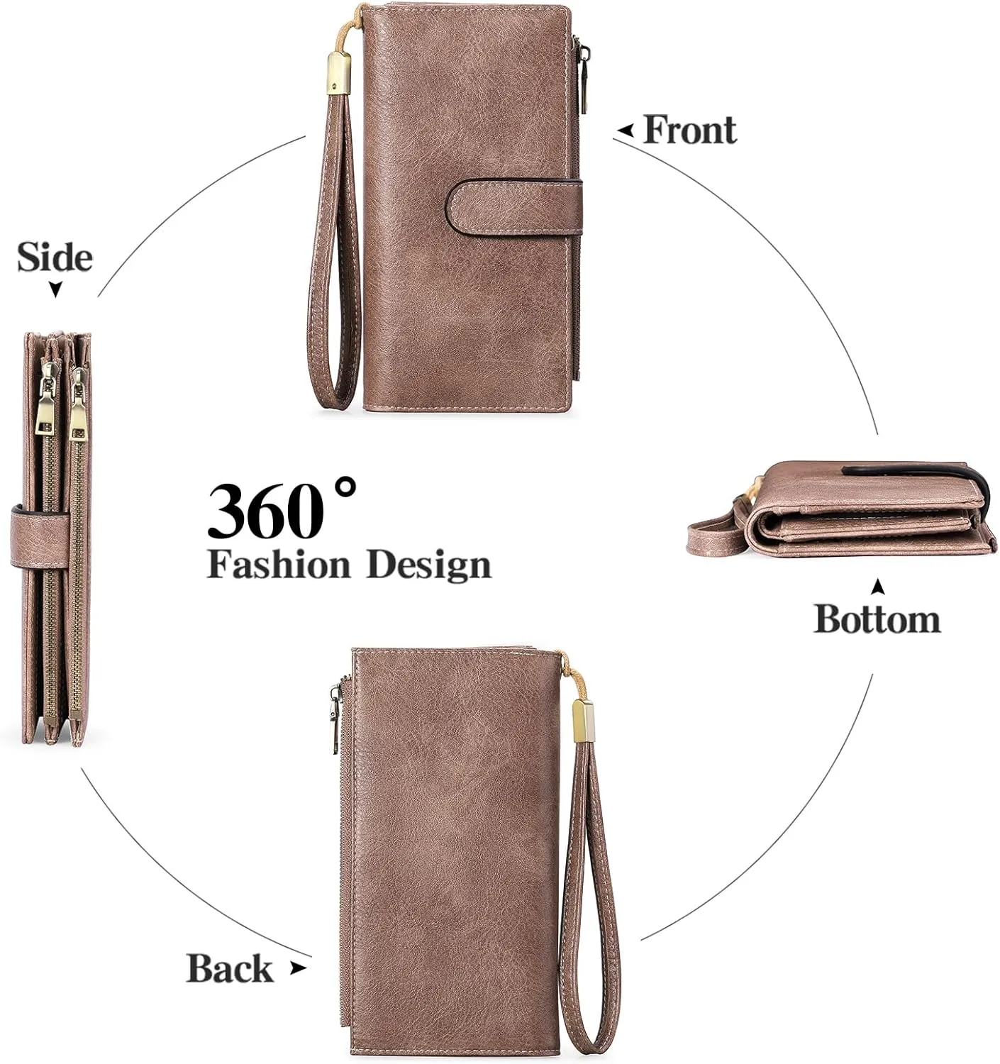 GOIACII Womens Wallets Large Capacity Credit Card Holder Rfid Wallet Women Double Zipper Pocket Leather Bifold Ladies Wristlet Clutch Wallet