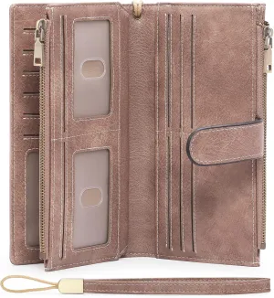GOIACII Womens Wallets Large Capacity Credit Card Holder Rfid Wallet Women Double Zipper Pocket Leather Bifold Ladies Wristlet Clutch Wallet