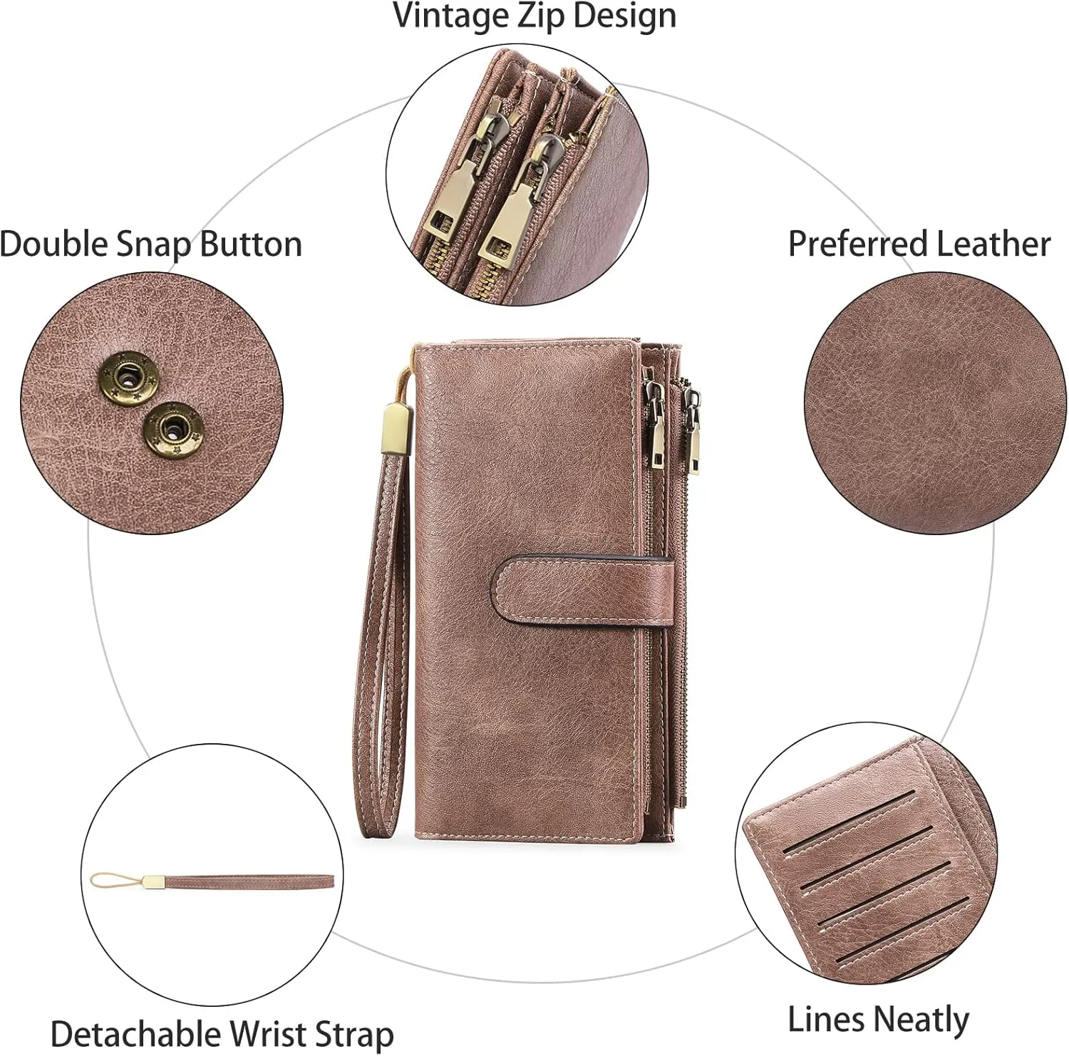 GOIACII Womens Wallets Large Capacity Credit Card Holder Rfid Wallet Women Double Zipper Pocket Leather Bifold Ladies Wristlet Clutch Wallet