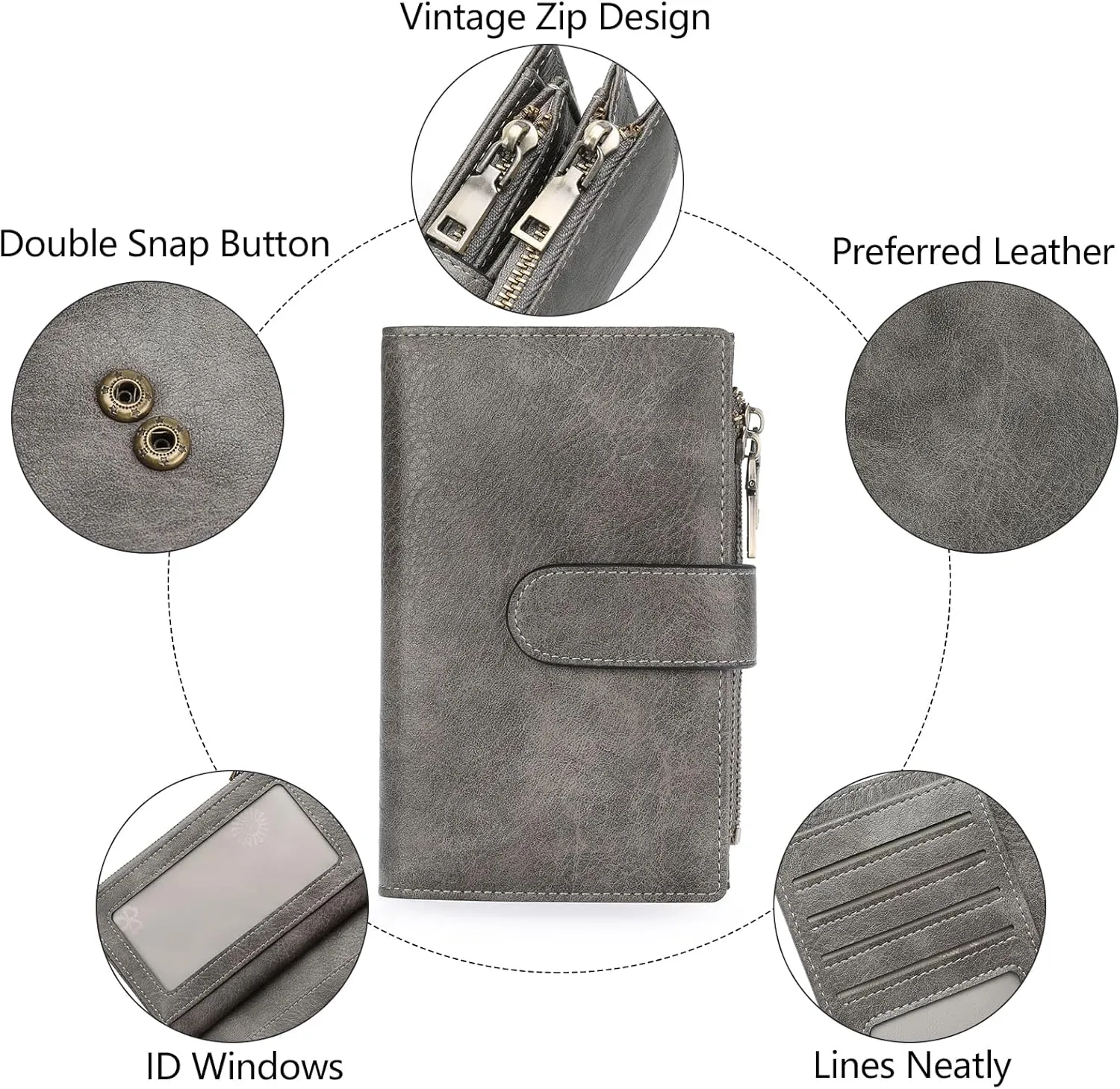 GOIACII Womens Wallets Rfid Credit Card Holder with 2 Zipper Pockets, 3 ID Windows Ladies Purse Leather