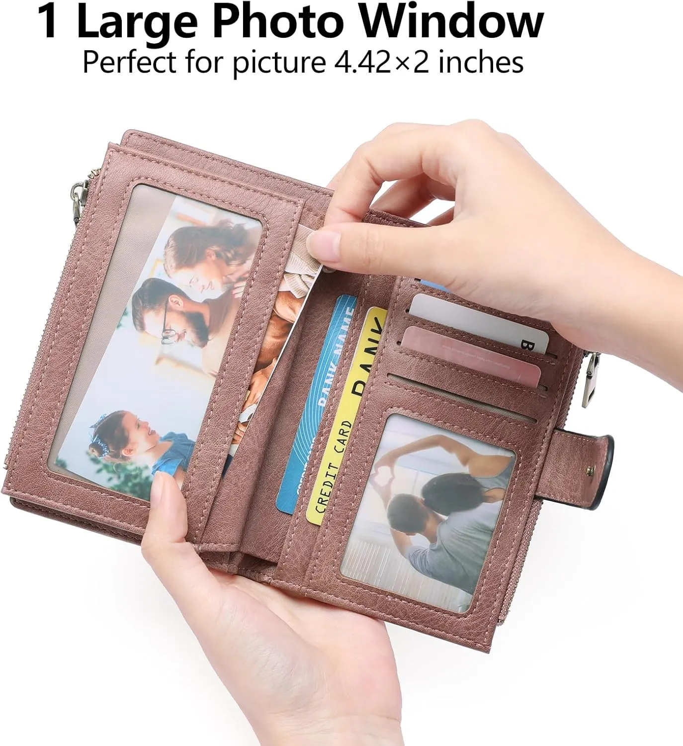 GOIACII Womens Wallets Rfid Credit Card Holder with 2 Zipper Pockets, 3 ID Windows Ladies Purse Leather
