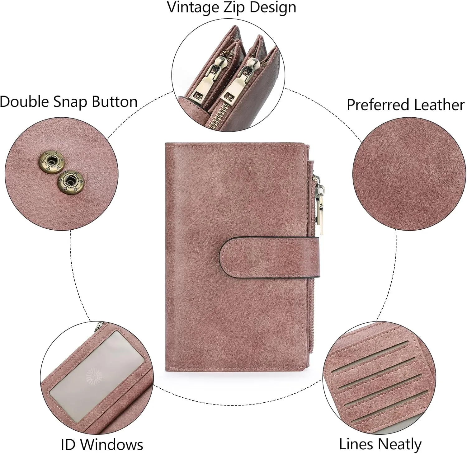GOIACII Womens Wallets Rfid Credit Card Holder with 2 Zipper Pockets, 3 ID Windows Ladies Purse Leather