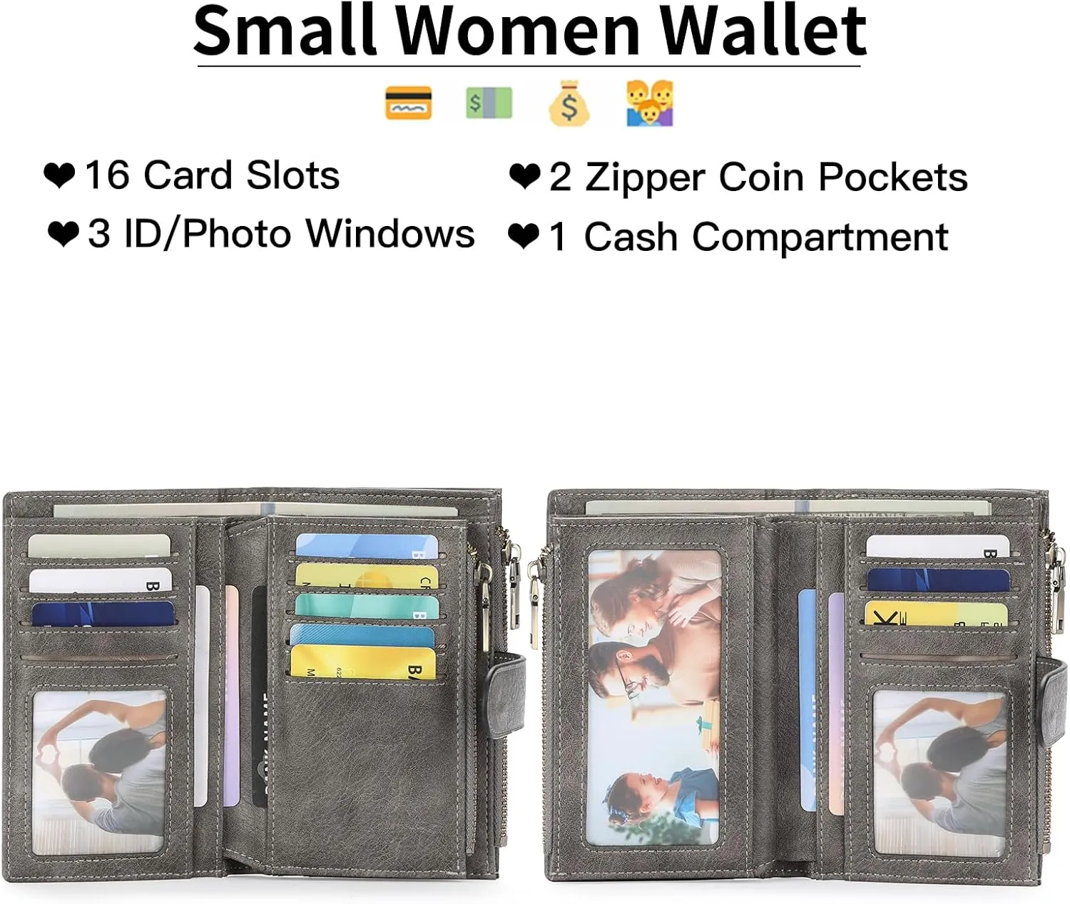 GOIACII Womens Wallets Rfid Credit Card Holder with 2 Zipper Pockets, 3 ID Windows Ladies Purse Leather