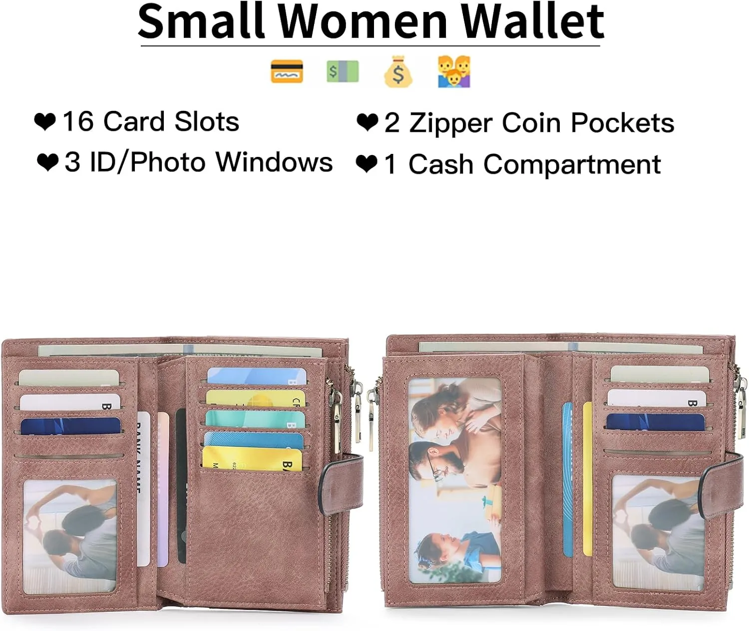 GOIACII Womens Wallets Rfid Credit Card Holder with 2 Zipper Pockets, 3 ID Windows Ladies Purse Leather