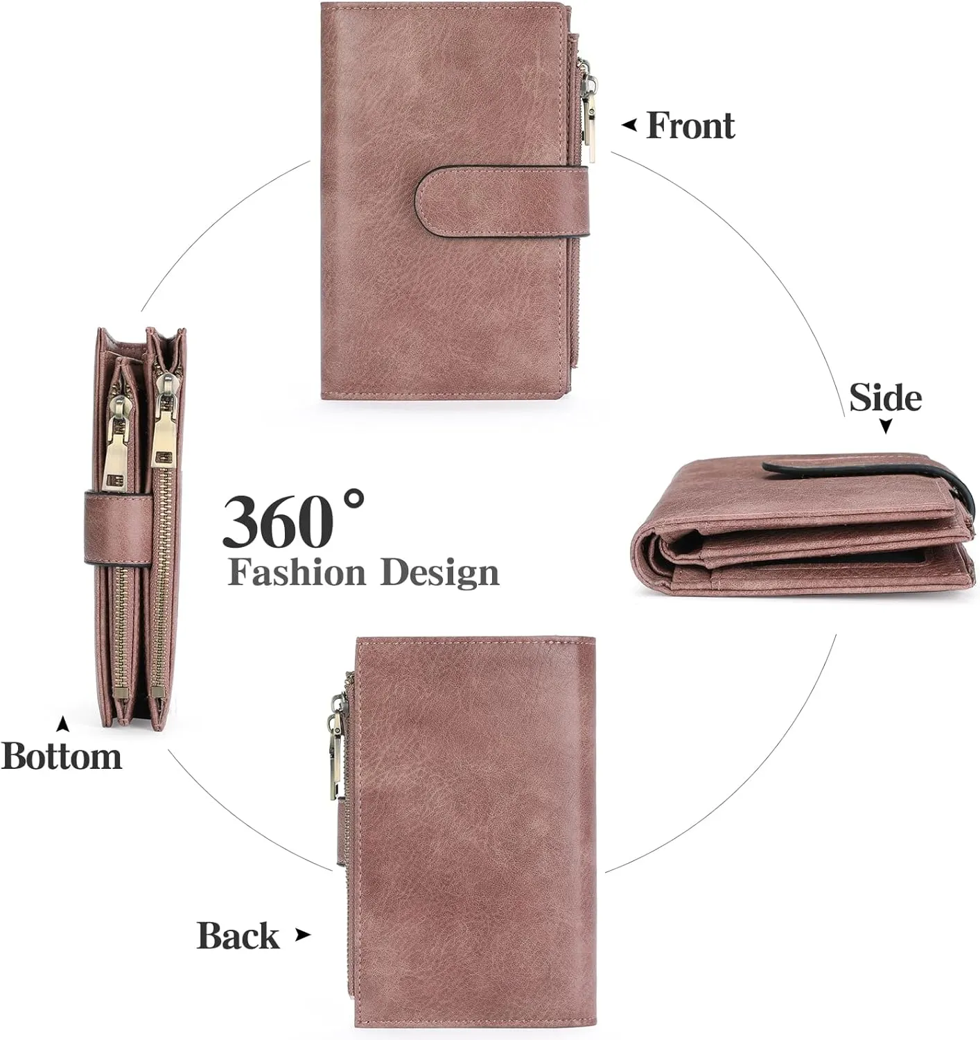 GOIACII Womens Wallets Rfid Credit Card Holder with 2 Zipper Pockets, 3 ID Windows Ladies Purse Leather