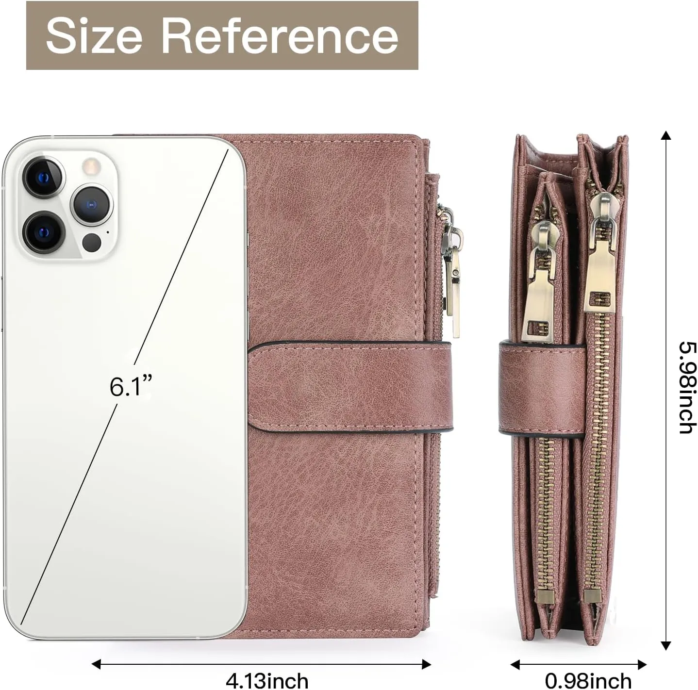 GOIACII Womens Wallets Rfid Credit Card Holder with 2 Zipper Pockets, 3 ID Windows Ladies Purse Leather