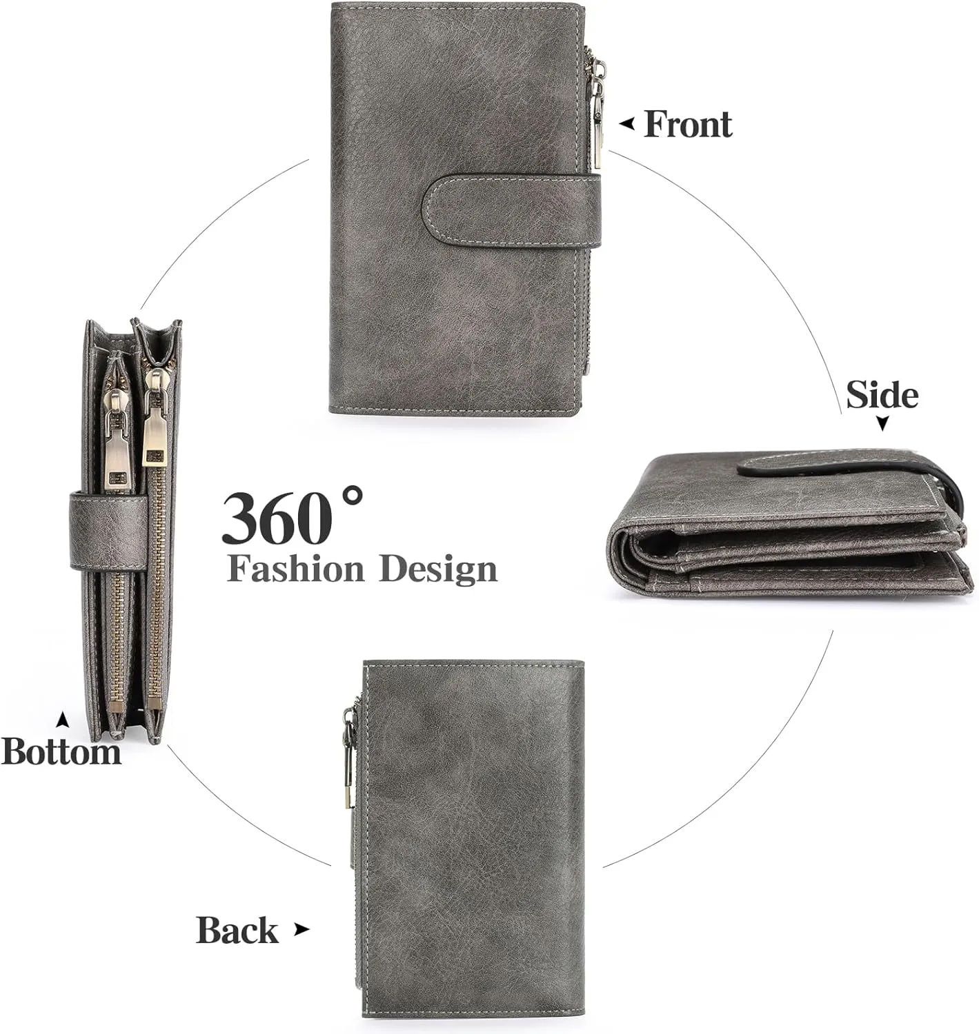 GOIACII Womens Wallets Rfid Credit Card Holder with 2 Zipper Pockets, 3 ID Windows Ladies Purse Leather