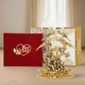 Gold Plated Radha Krishna Idol Tree | Best Wishes Tag with Velvet Box & Carry Bag | Vaastu Positive Items for Home, Pooja, Mandir Decor Statue
