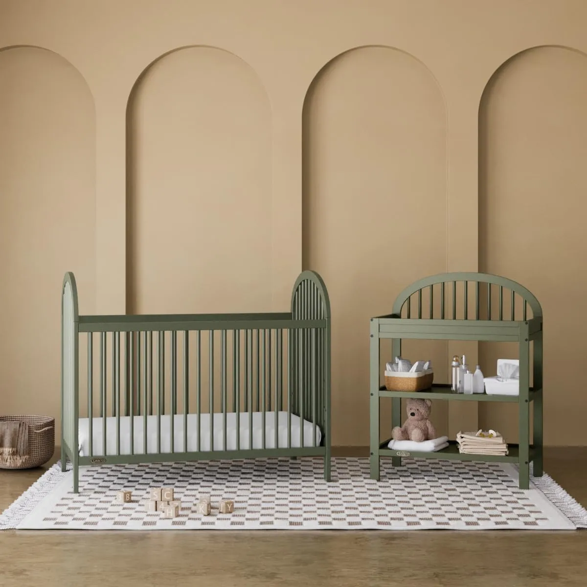 Graco Olivia 3-in-1 Convertible Crib (Olive) – GREENGUARD Gold Certified, Converts to Daybed and Toddler Bed, Fits Standard Full-Size Crib Mattress, Adjustable Mattress Height, Easy-to-Match Style