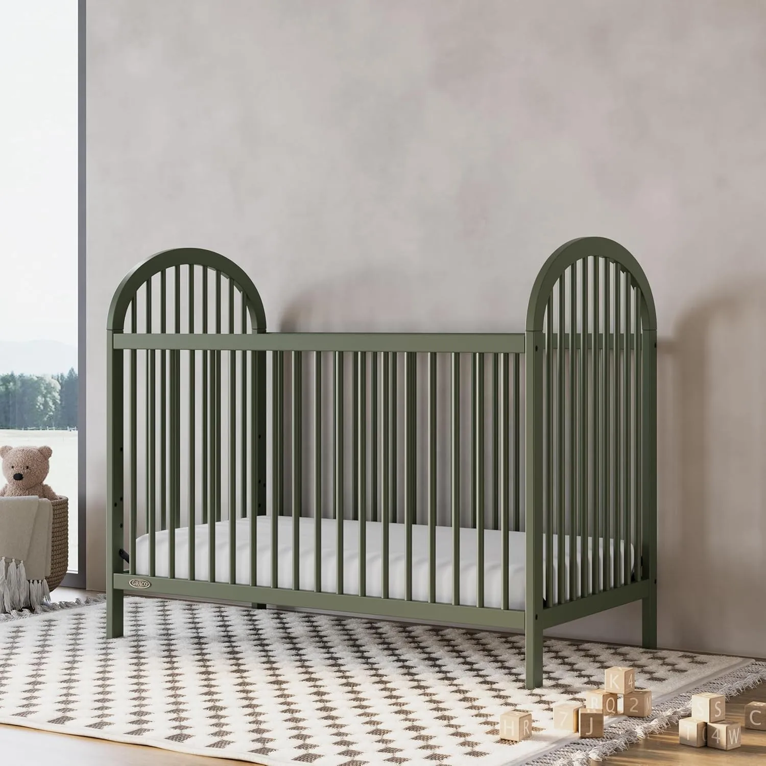 Graco Olivia 3-in-1 Convertible Crib (Olive) – GREENGUARD Gold Certified, Converts to Daybed and Toddler Bed, Fits Standard Full-Size Crib Mattress, Adjustable Mattress Height, Easy-to-Match Style