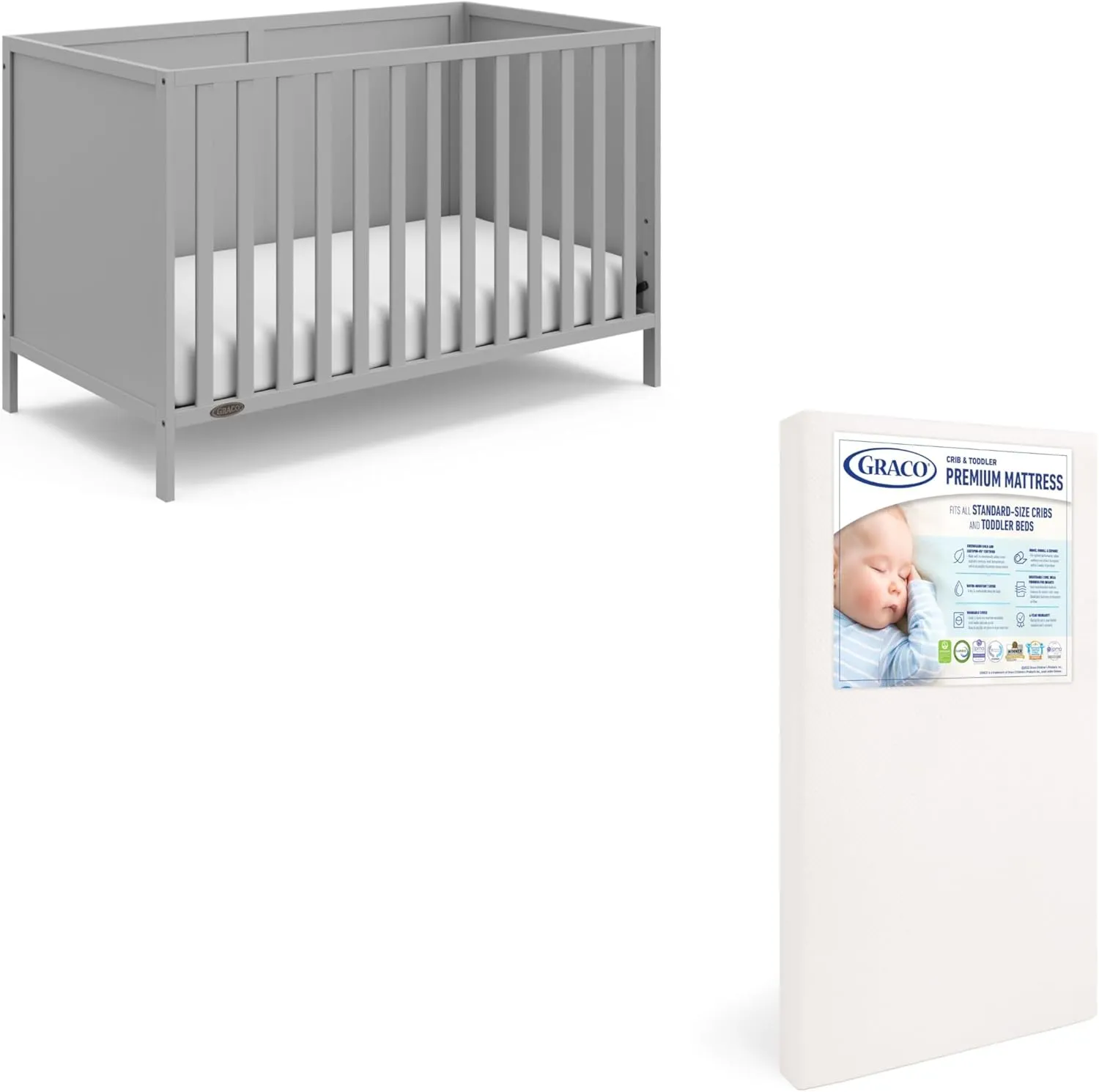 Graco Theo Crib and Mattress Nursery Essentials Pack (Pebble Gray) – GREENGUARD Gold Certified Baby Crib & Crib Mattress, Cribs with Mattress Included, Convertible Crib, Baby Mattresses for Crib