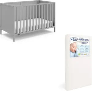 Graco Theo Crib and Mattress Nursery Essentials Pack (Pebble Gray) – GREENGUARD Gold Certified Baby Crib & Crib Mattress, Cribs with Mattress Included, Convertible Crib, Baby Mattresses for Crib