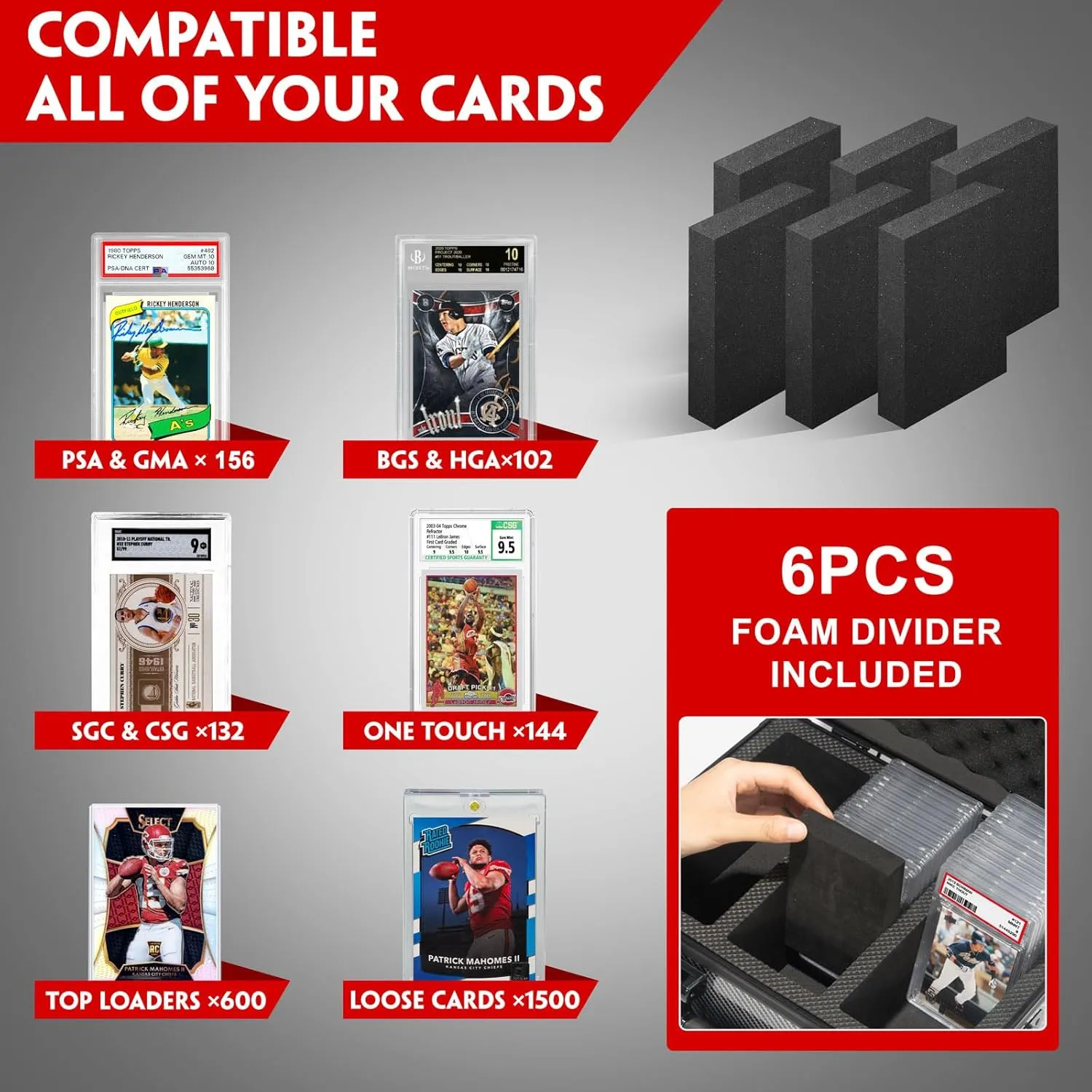 Graded Card Storage Box, Trading Cards Slab Carrying Case, 6 Row Black Hard Sports Cards Holder Boxes with 6 Dividers Fits for PSA BGS SGC Top Loaders Collection