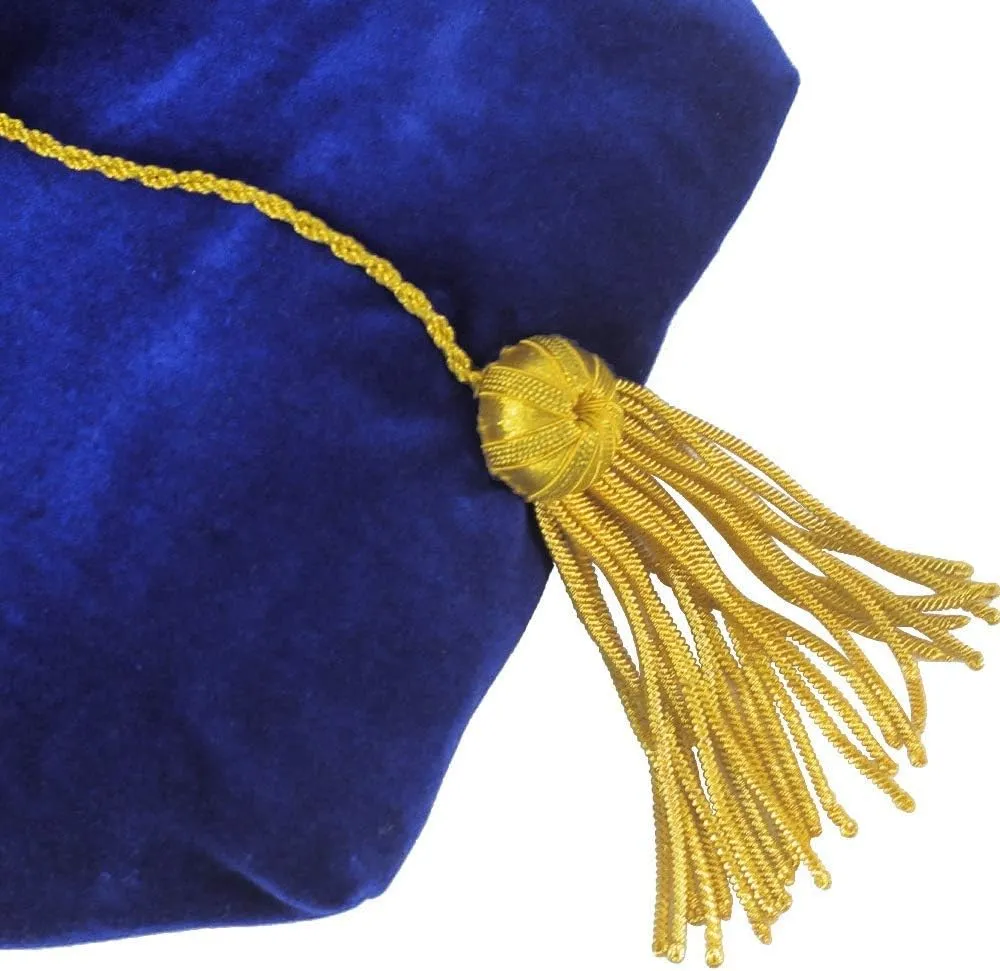 GraduatePro Doctoral Graduation Tam PhD Blue/Black Velvet with Gold Bullion Tassel, 8-Sided/6 Sided/4 Sided Doctorate Cap