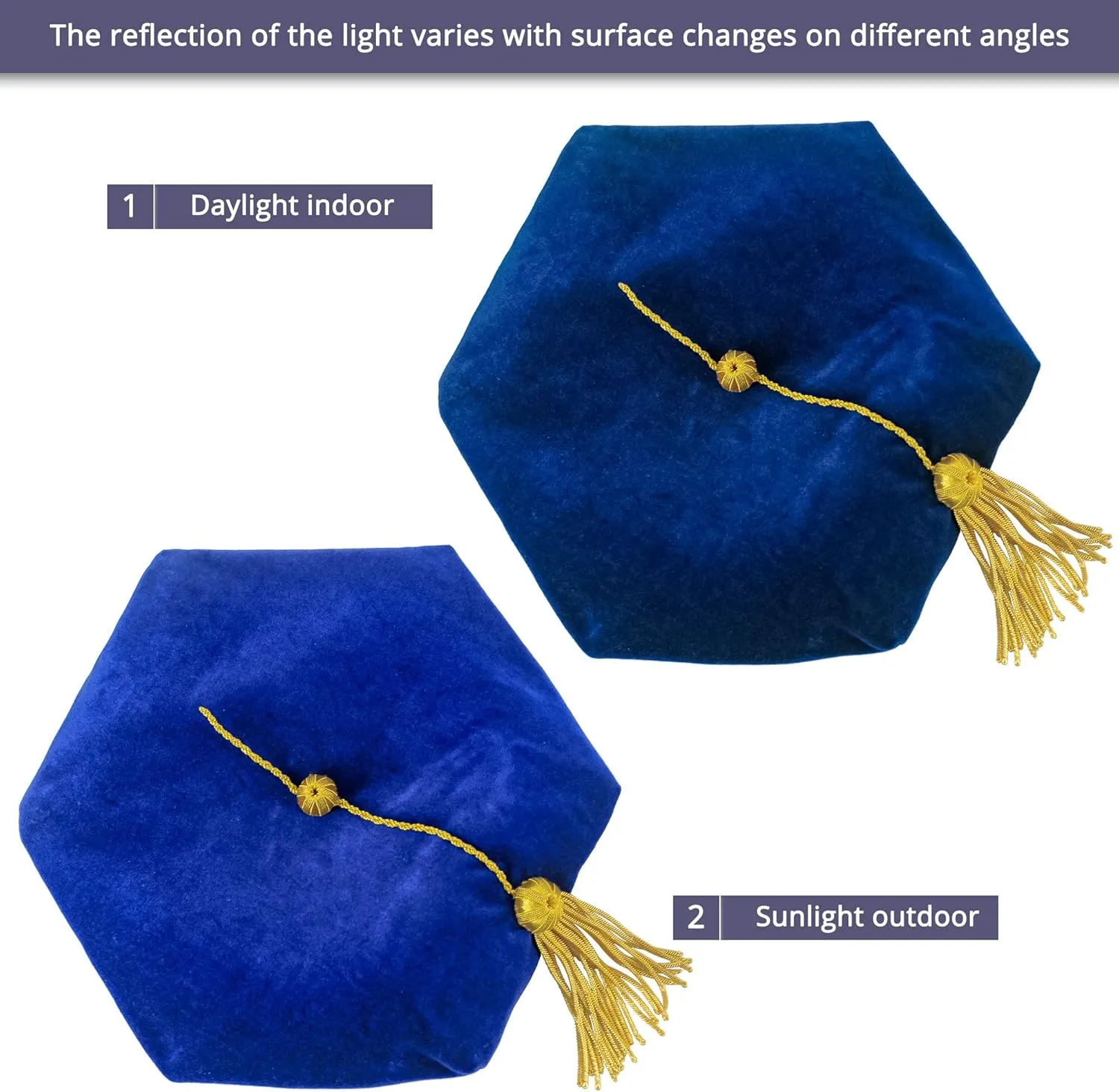 GraduatePro Doctoral Graduation Tam PhD Blue/Black Velvet with Gold Bullion Tassel, 8-Sided/6 Sided/4 Sided Doctorate Cap
