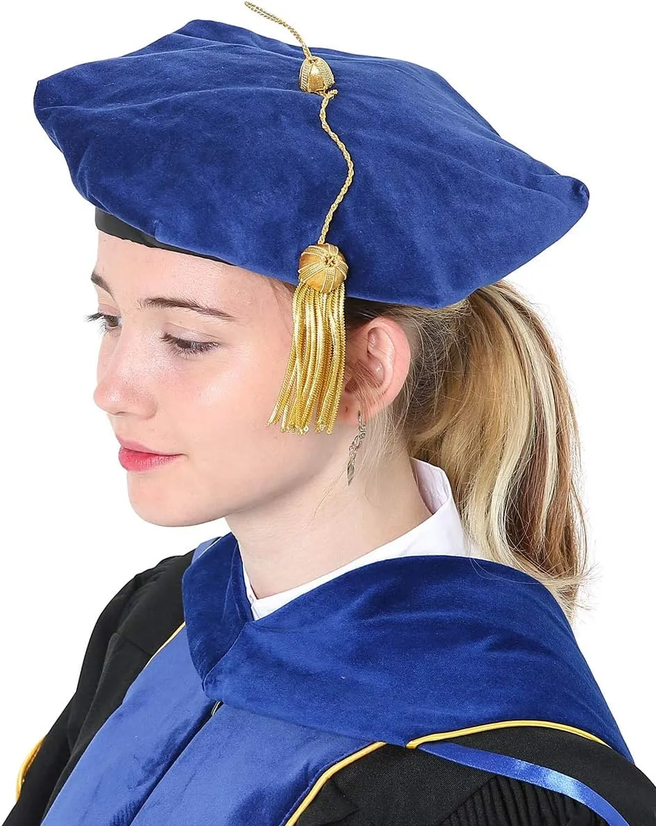 GraduatePro Doctoral Graduation Tam PhD Blue/Black Velvet with Gold Bullion Tassel, 8-Sided/6 Sided/4 Sided Doctorate Cap