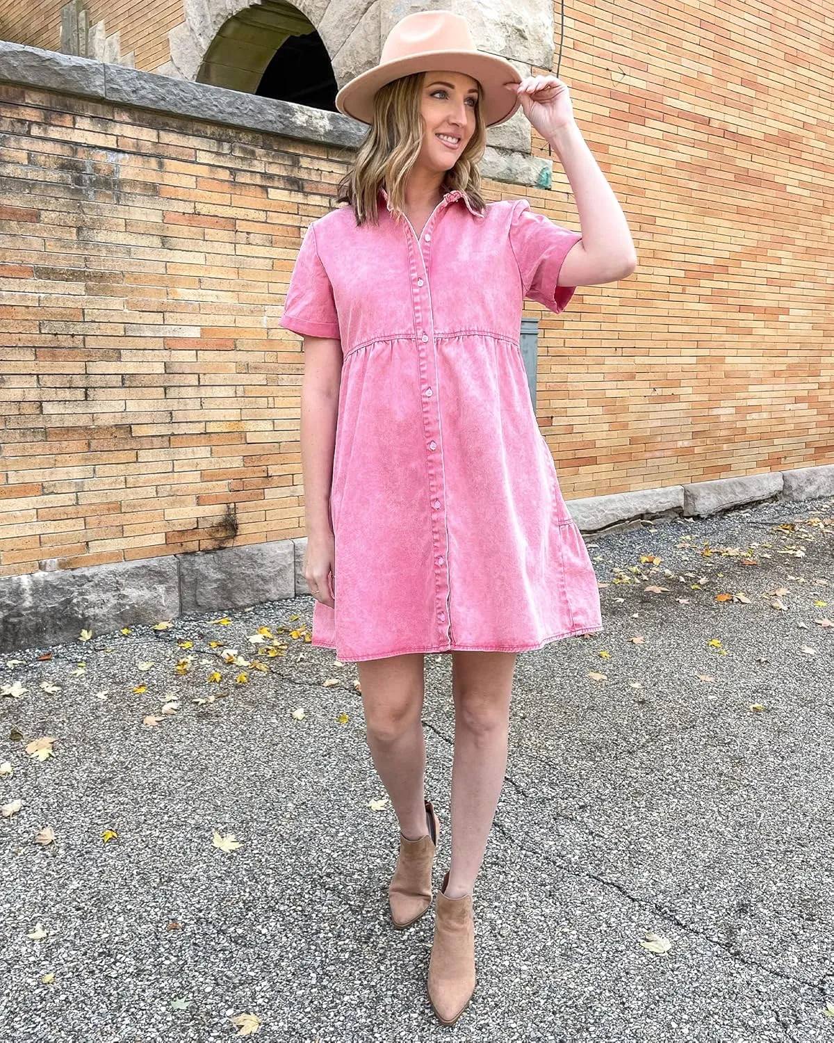 GRAPENT Denim Dress for Women Babydoll Tiered Short Sleeve Button Down Jean Shirt Dresses