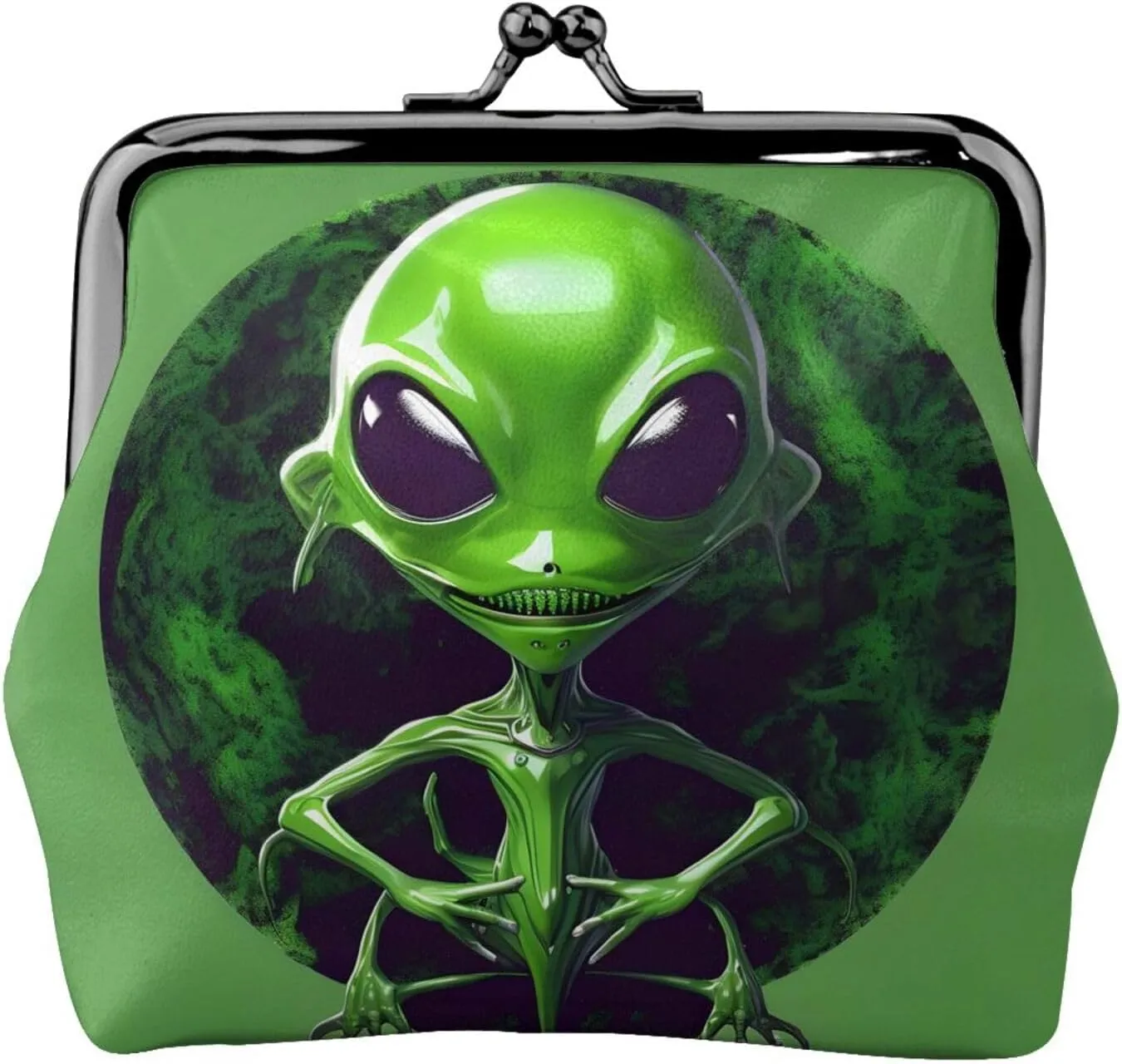 Green alien print Coin Purse with Kiss Lock Buckle Small Change Purse Card Holder Coin Pouch for Women