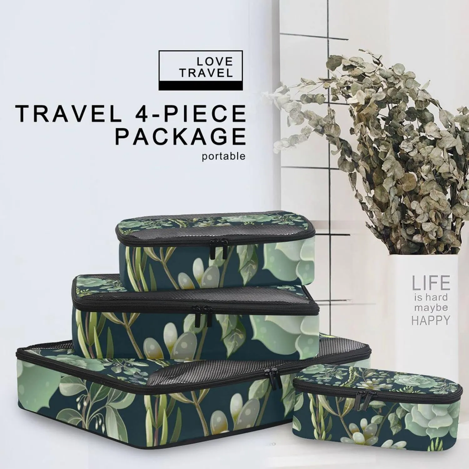 Green Eucalyptus, Magnolia, Fern leaves and Succulents on Black 4 PCs Set Packing Bags, Luggage Organizer Bag, Portable Cube Toiletry bag, Durable Travel Cosmetic Storage Bag for Men Women