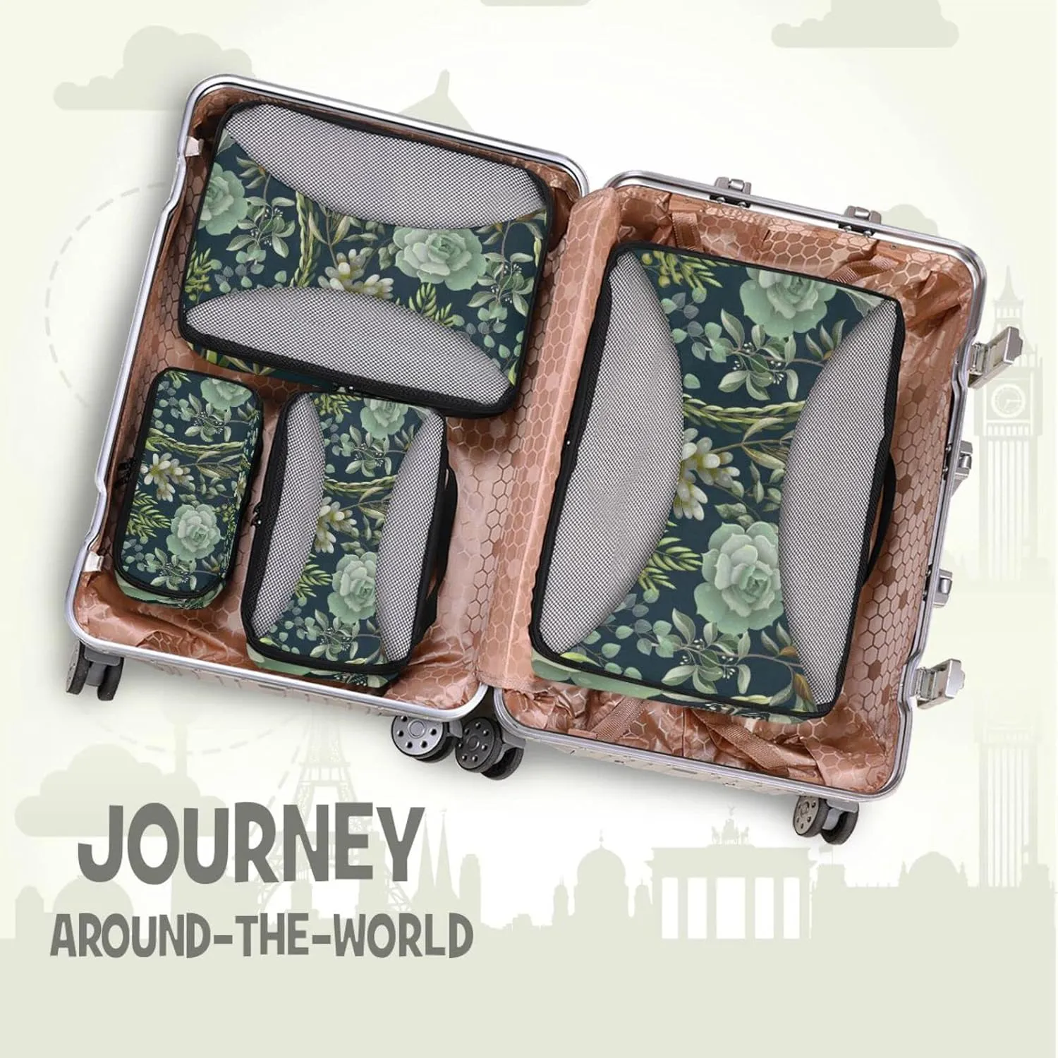 Green Eucalyptus, Magnolia, Fern leaves and Succulents on Black 4 PCs Set Packing Bags, Luggage Organizer Bag, Portable Cube Toiletry bag, Durable Travel Cosmetic Storage Bag for Men Women