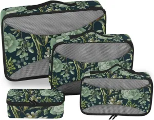 Green Eucalyptus, Magnolia, Fern leaves and Succulents on Black 4 PCs Set Packing Bags, Luggage Organizer Bag, Portable Cube Toiletry bag, Durable Travel Cosmetic Storage Bag for Men Women