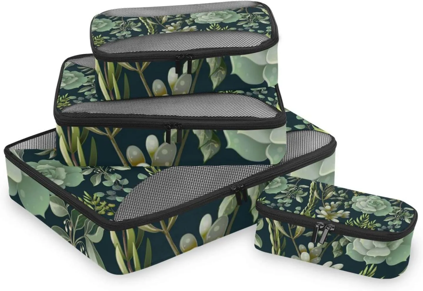 Green Eucalyptus, Magnolia, Fern leaves and Succulents on Black 4 PCs Set Packing Bags, Luggage Organizer Bag, Portable Cube Toiletry bag, Durable Travel Cosmetic Storage Bag for Men Women