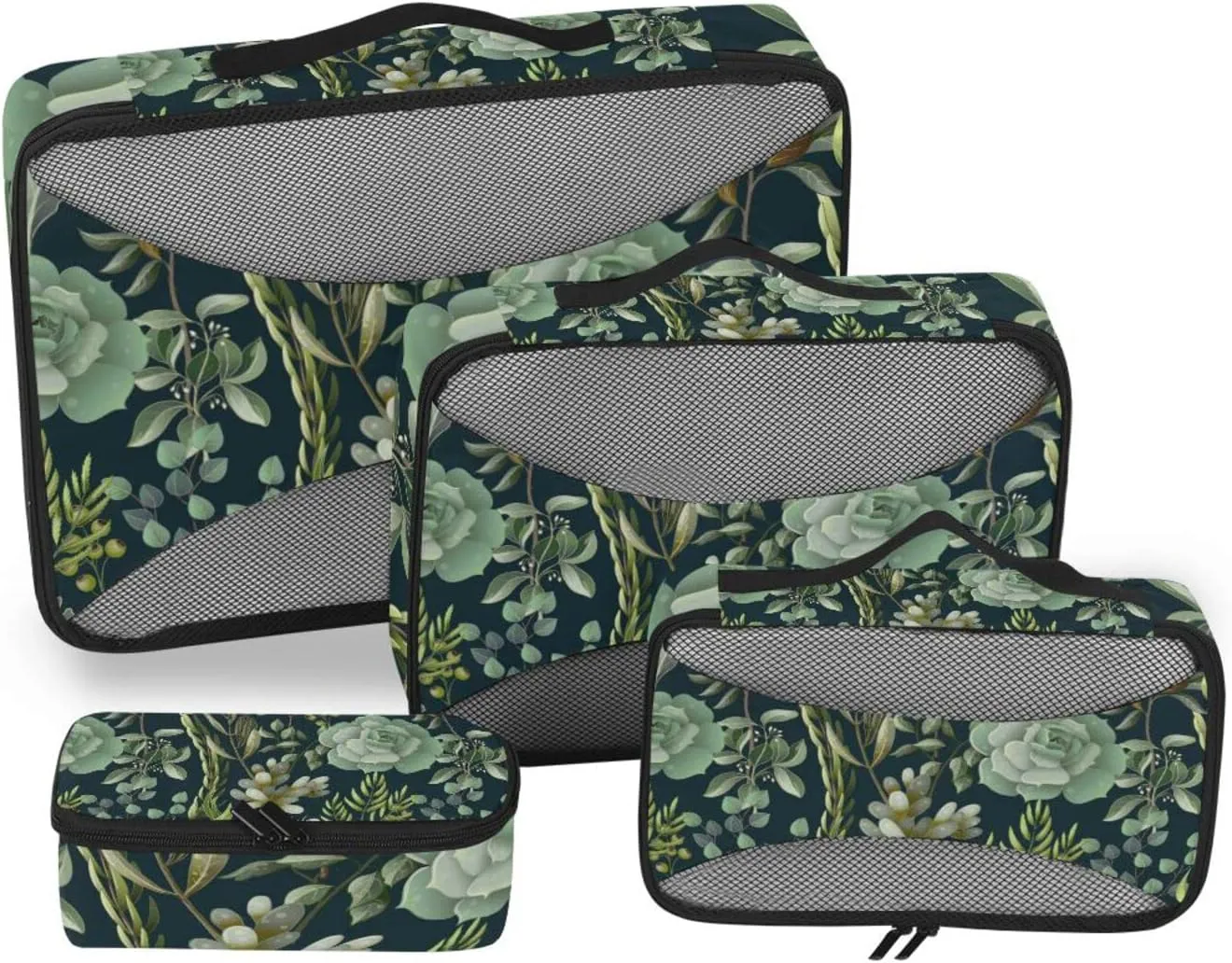 Green Eucalyptus, Magnolia, Fern leaves and Succulents on Black 4 PCs Set Packing Bags, Luggage Organizer Bag, Portable Cube Toiletry bag, Durable Travel Cosmetic Storage Bag for Men Women