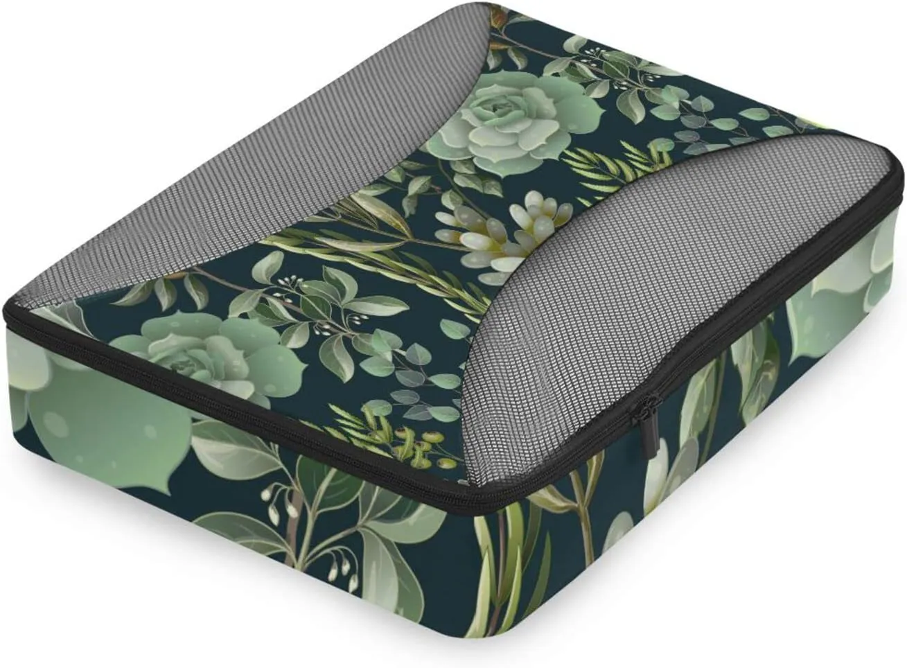 Green Eucalyptus, Magnolia, Fern leaves and Succulents on Black 4 PCs Set Packing Bags, Luggage Organizer Bag, Portable Cube Toiletry bag, Durable Travel Cosmetic Storage Bag for Men Women