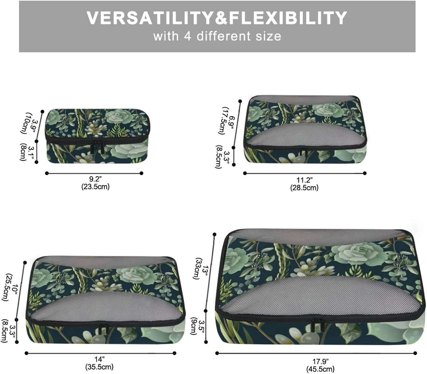 Green Eucalyptus, Magnolia, Fern leaves and Succulents on Black 4 PCs Set Packing Bags, Luggage Organizer Bag, Portable Cube Toiletry bag, Durable Travel Cosmetic Storage Bag for Men Women