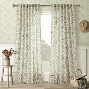 Green Farmhouse Curtains 90 Inch Length for Living Room Bedroom Light Filtering Back Tab Sage Greyish Green Leaf Flower Patterned Linen Curtains French Country Cottagecore Shabby Chic Floral Drapes