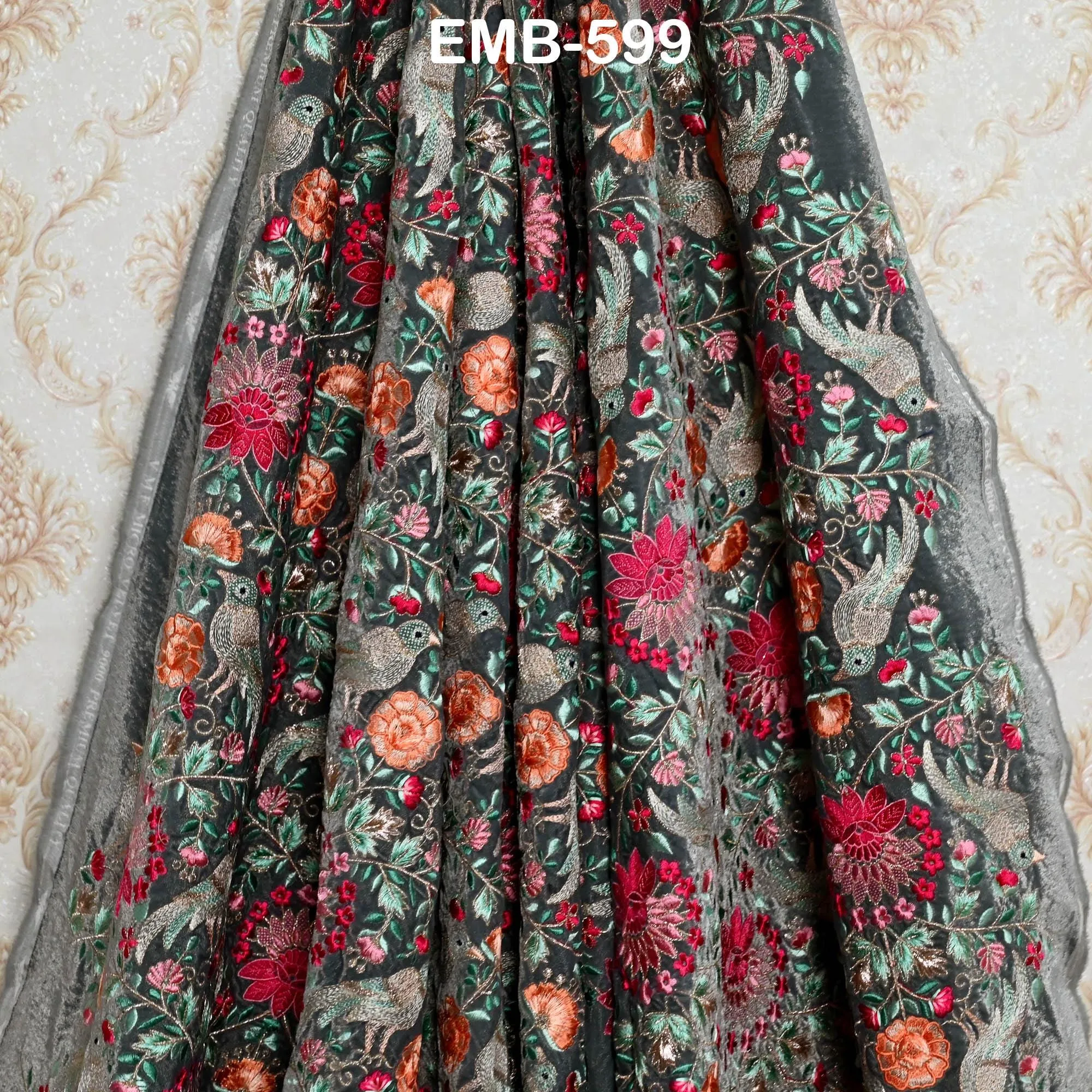 Grey Indian Embroidered Velvet Fabric by the yard Sewing DIY Crafting Wedding Dress Costumes Doll Bags Cushion Covers Table Runner Quilting