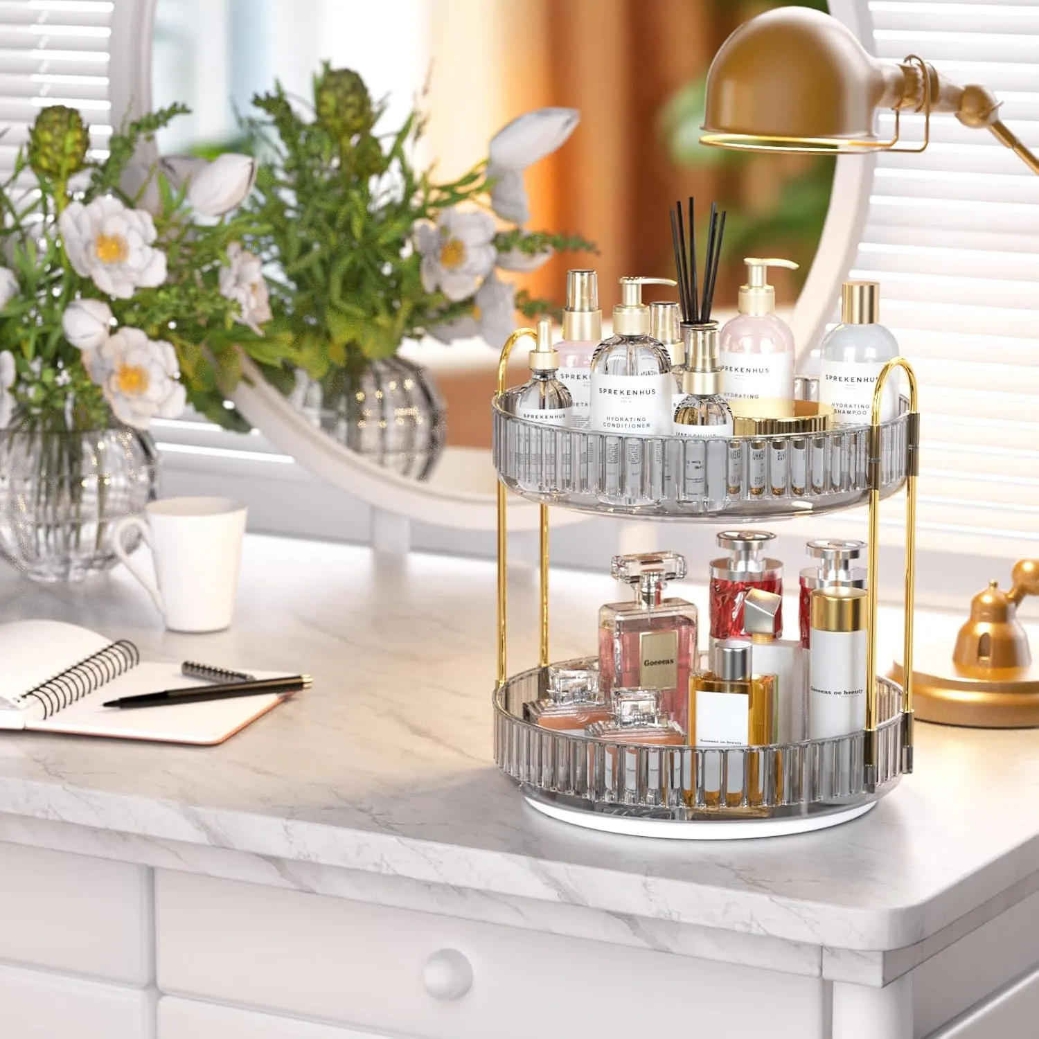 GTI 360° Rotating Makeup Organizer, 2 Tier Bathroom Counter Organizer,Large Capacity Perfume Cosmetics Skincare Vanity Organizers, Dresser Spinning Countertop Organizer and Storage for Women (Gray)
