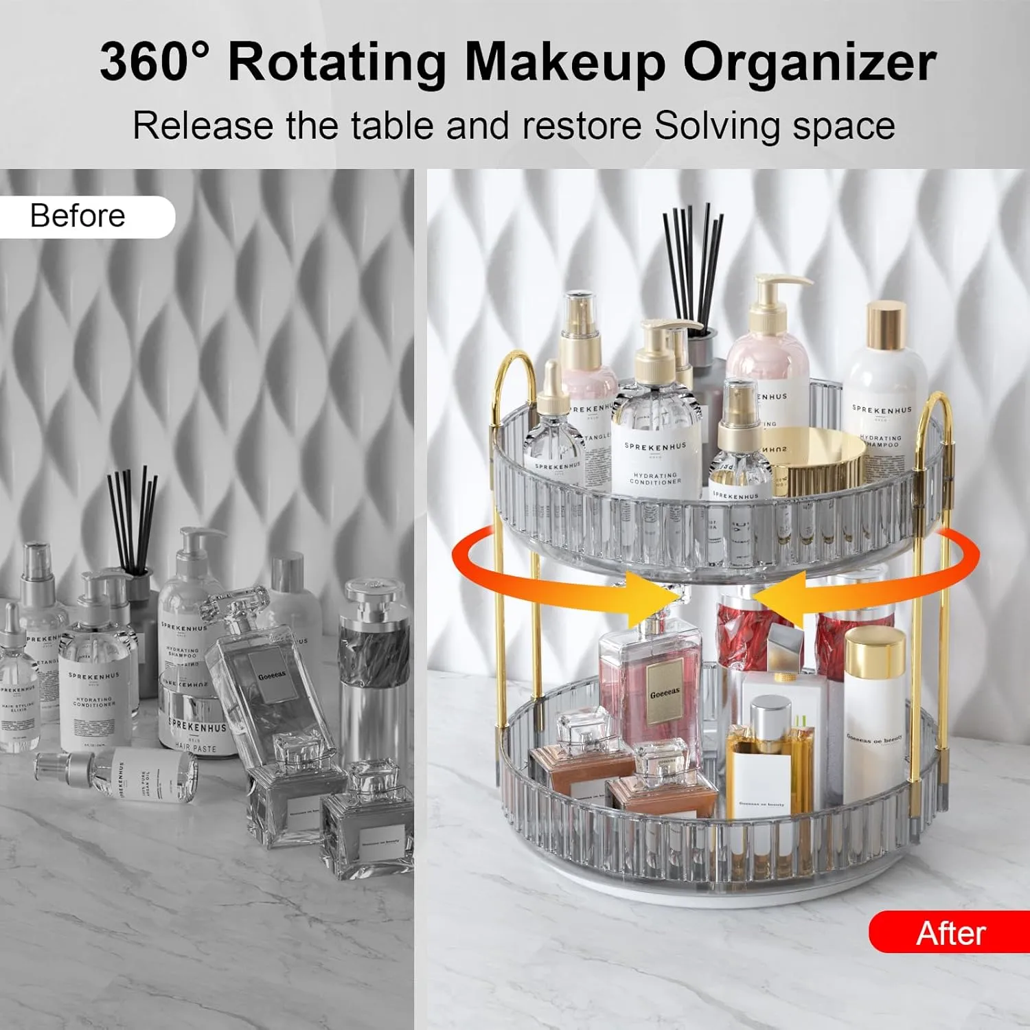GTI 360° Rotating Makeup Organizer, 2 Tier Bathroom Counter Organizer,Large Capacity Perfume Cosmetics Skincare Vanity Organizers, Dresser Spinning Countertop Organizer and Storage for Women (Gray)