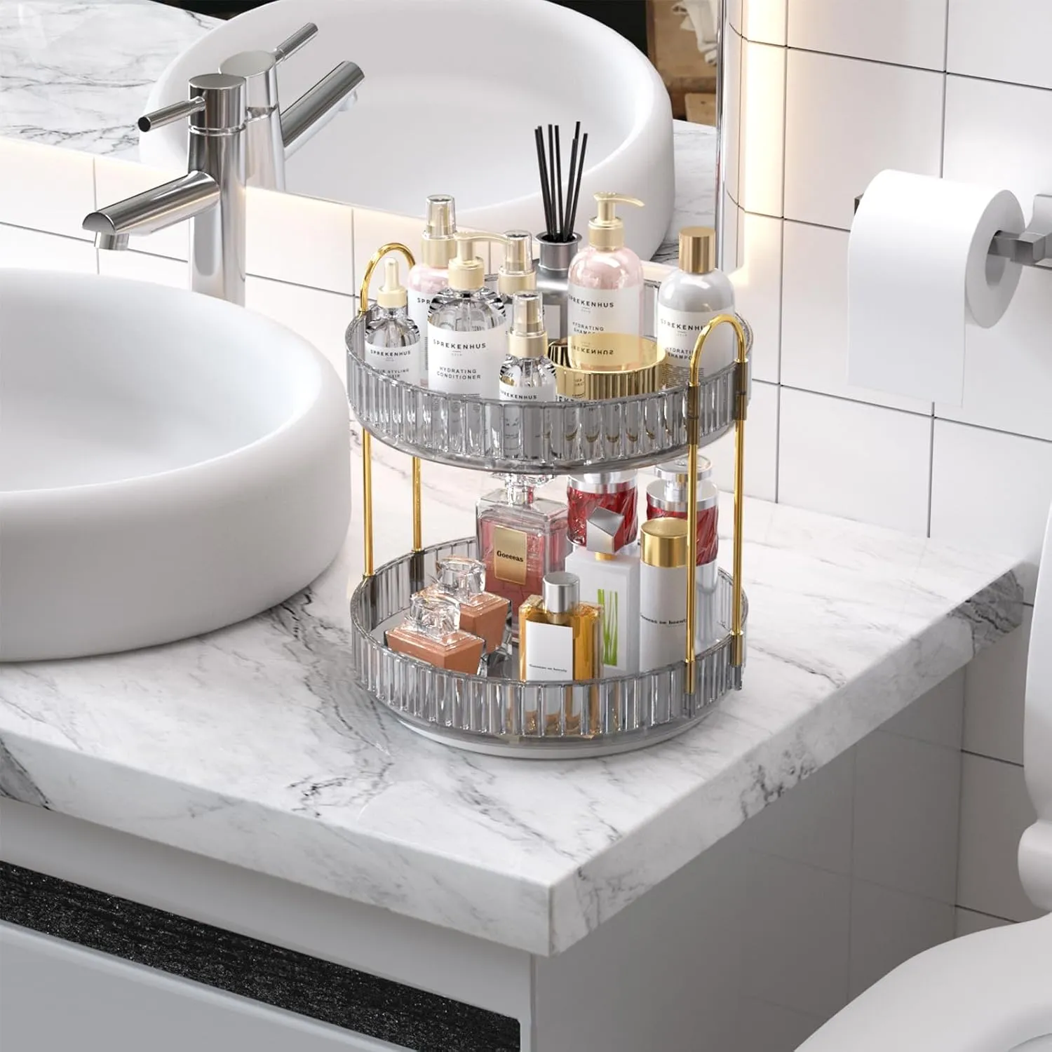 GTI 360° Rotating Makeup Organizer, 2 Tier Bathroom Counter Organizer,Large Capacity Perfume Cosmetics Skincare Vanity Organizers, Dresser Spinning Countertop Organizer and Storage for Women (Gray)