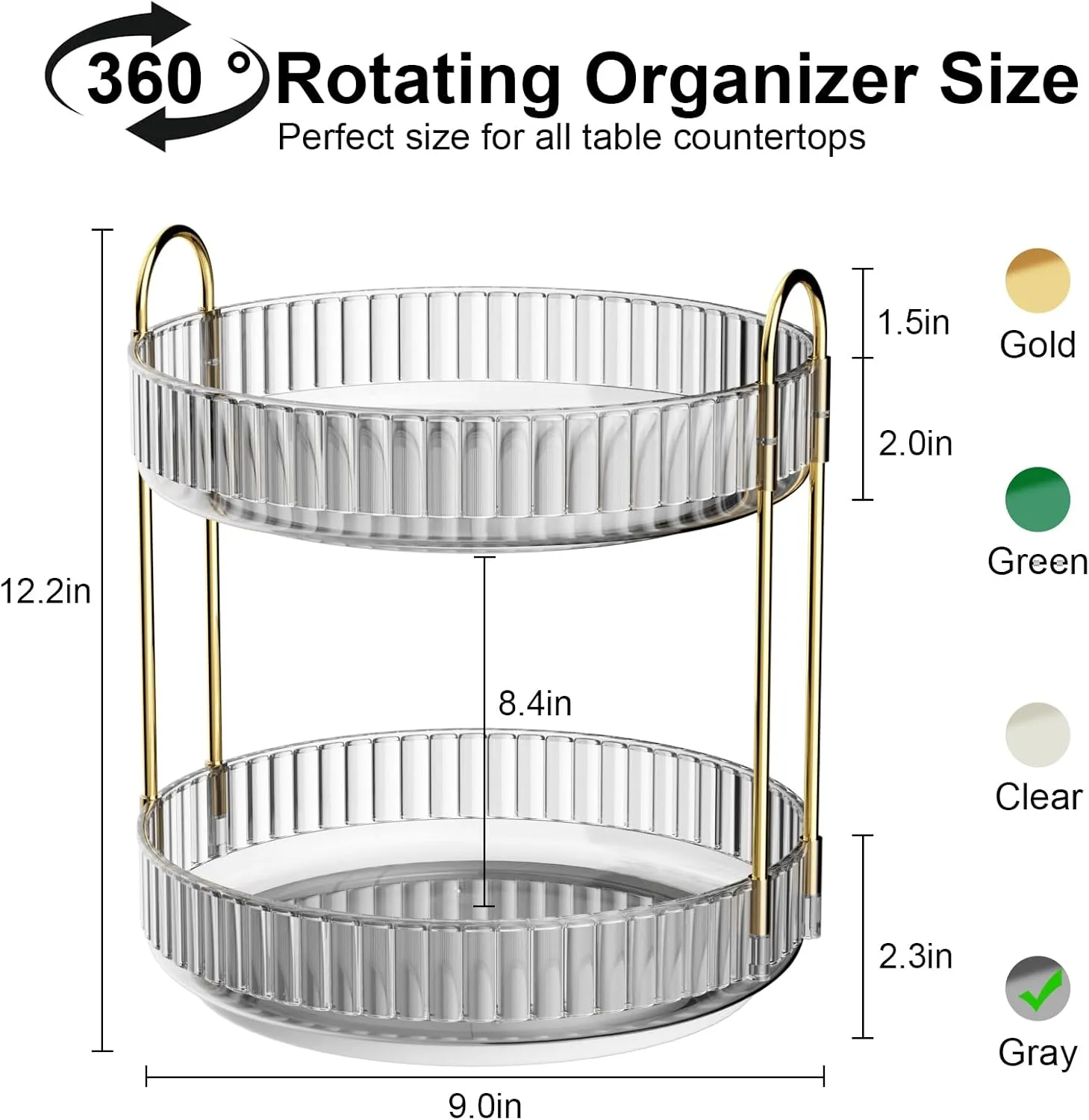 GTI 360° Rotating Makeup Organizer, 2 Tier Bathroom Counter Organizer,Large Capacity Perfume Cosmetics Skincare Vanity Organizers, Dresser Spinning Countertop Organizer and Storage for Women (Gray)
