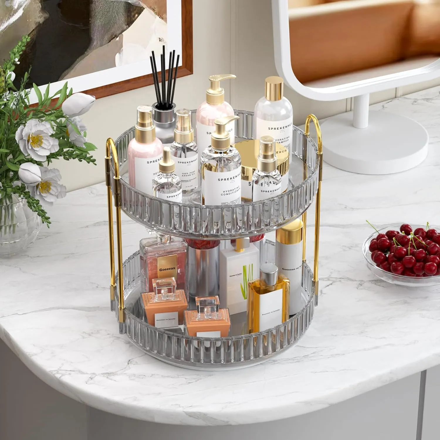 GTI 360° Rotating Makeup Organizer, 2 Tier Bathroom Counter Organizer,Large Capacity Perfume Cosmetics Skincare Vanity Organizers, Dresser Spinning Countertop Organizer and Storage for Women (Gray)