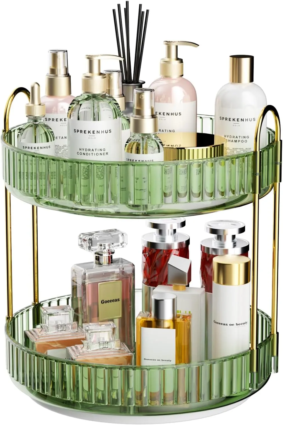 GTI 360° Rotating Makeup Organizer, 2 Tier Bathroom Counter Organizer,Large Capacity Perfume Cosmetics Skincare Vanity Organizers, Dresser Spinning Countertop Organizer and Storage for Women (Green)