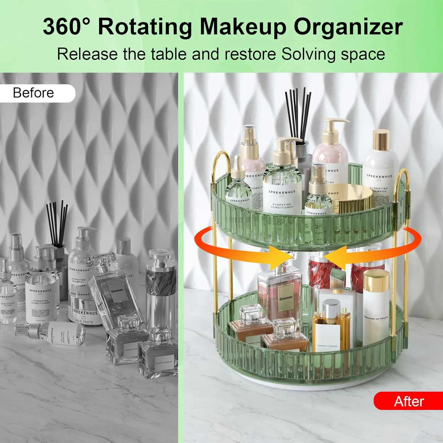 GTI 360° Rotating Makeup Organizer, 2 Tier Bathroom Counter Organizer,Large Capacity Perfume Cosmetics Skincare Vanity Organizers, Dresser Spinning Countertop Organizer and Storage for Women (Green)