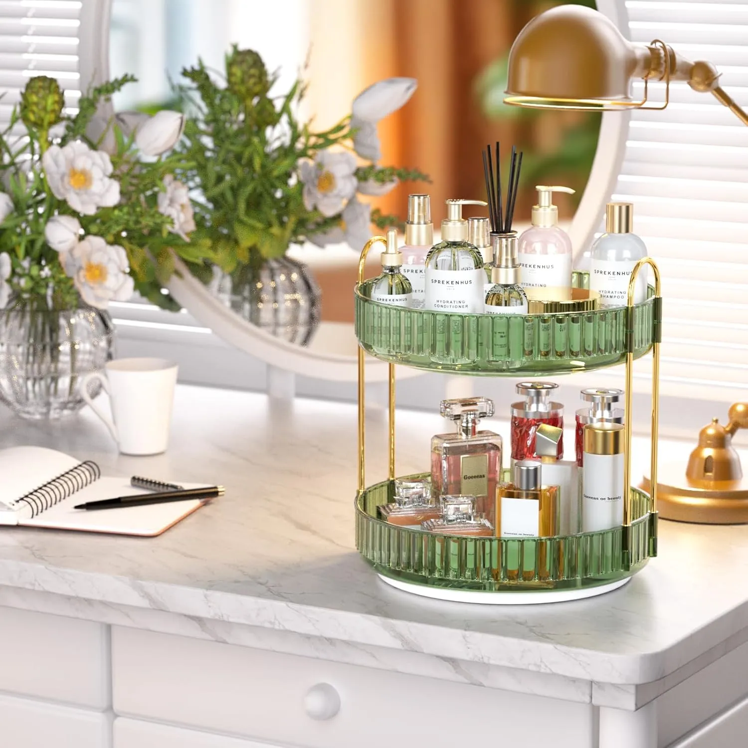 GTI 360° Rotating Makeup Organizer, 2 Tier Bathroom Counter Organizer,Large Capacity Perfume Cosmetics Skincare Vanity Organizers, Dresser Spinning Countertop Organizer and Storage for Women (Green)