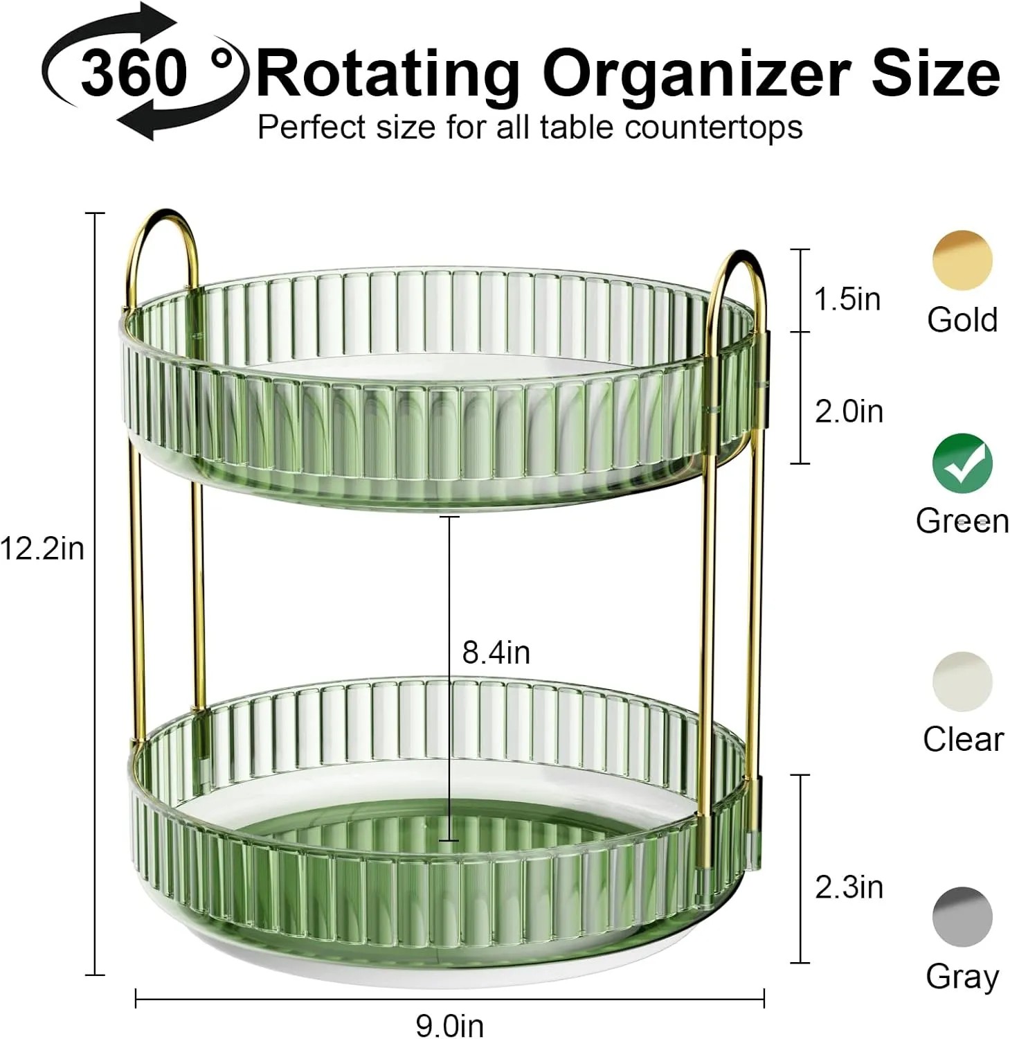 GTI 360° Rotating Makeup Organizer, 2 Tier Bathroom Counter Organizer,Large Capacity Perfume Cosmetics Skincare Vanity Organizers, Dresser Spinning Countertop Organizer and Storage for Women (Green)