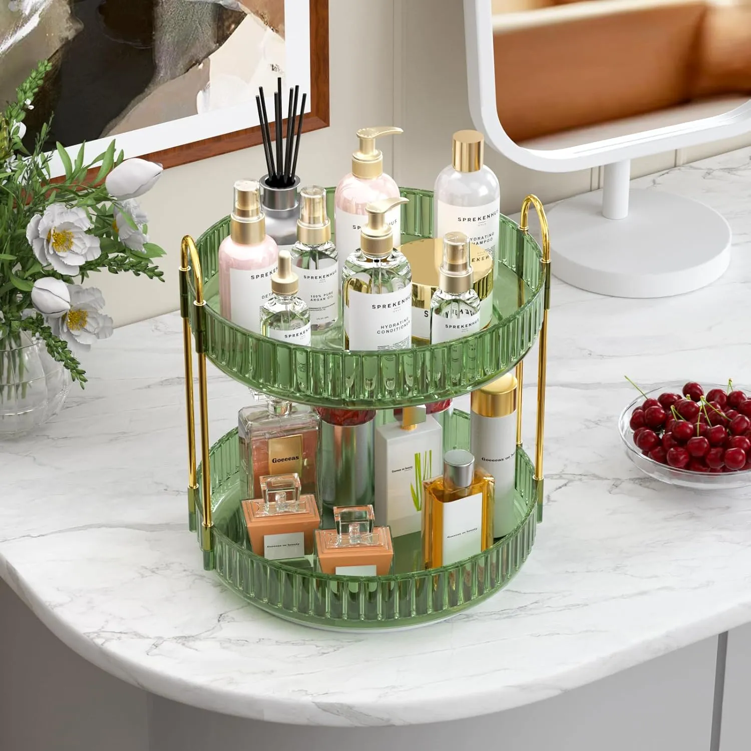 GTI 360° Rotating Makeup Organizer, 2 Tier Bathroom Counter Organizer,Large Capacity Perfume Cosmetics Skincare Vanity Organizers, Dresser Spinning Countertop Organizer and Storage for Women (Green)