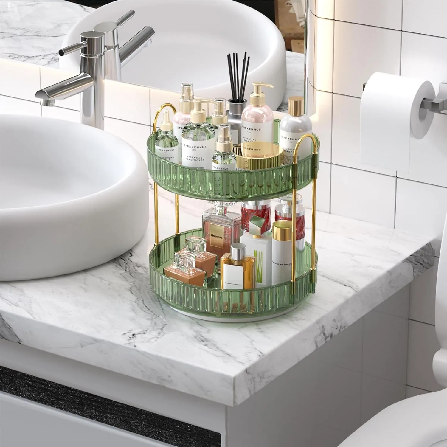 GTI 360° Rotating Makeup Organizer, 2 Tier Bathroom Counter Organizer,Large Capacity Perfume Cosmetics Skincare Vanity Organizers, Dresser Spinning Countertop Organizer and Storage for Women (Green)